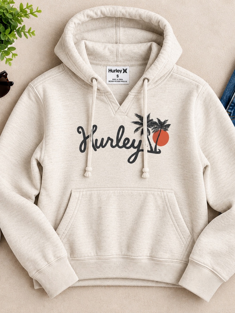 Hurley Sunshine Coast Graphic Hoodie Size Small Cream